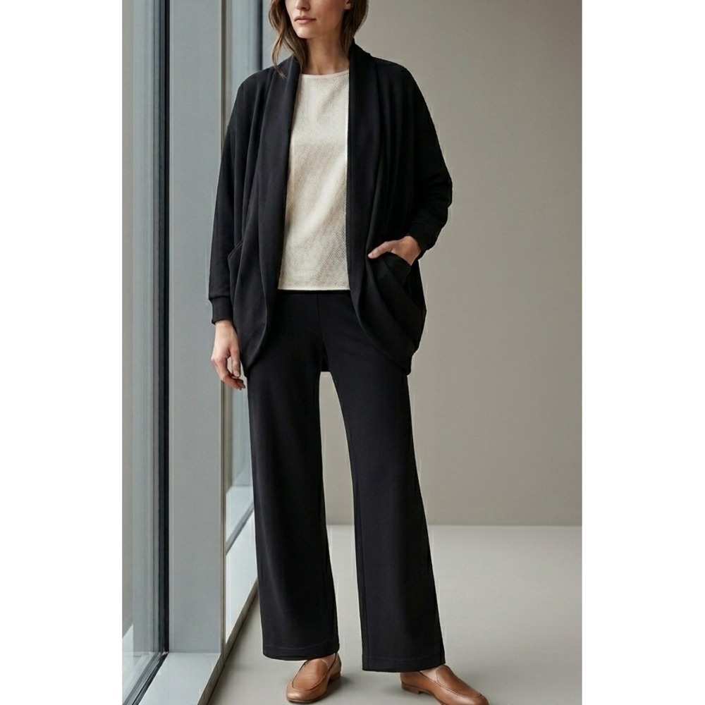 Elie Tahari Womens L Black 2 Piece Lounge Set Cocoon Cardigan Wide Leg Pants L